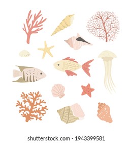 Set of marine design elements - fish, coral, shell, starfish, seaweed, jellyfish. Flat vector cartoon illustration isolated on white