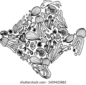 Set marine doodle silhouette in the form of fish. Black set fish silhouette in retro style. Seashell background. Doodle vector. Marine life collection. Swimming vector icon