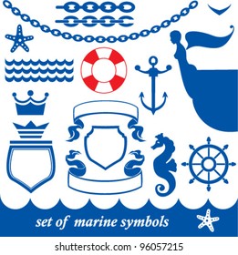 Set of marine elements - chain, anchor, crown, shield, wheel, noun, etc.