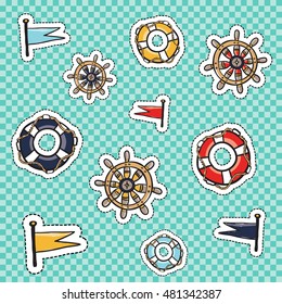 Set of marine elements: colored lifebuoy, cartoon captain helm or steering-wheel, ship flags. Cute and funny kids toy water ocean transport vector patches, stickers, badges or pins design kit.