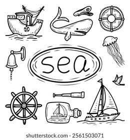 Set of marine elements hand drawn doodle. Sea, ocean. Underwater fish, animals. Ships, boats on water. Steering wheel, bell, lifebuoy, binoculars. Fishing. Travel. Vector line art illustration.