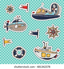 Set of marine elements: lifebuoy, captain steering-wheel, color flag, hovercraft, submarine. Cute and funny kids toy water ocean military transport boat patches, stickers, badges or pins cartoon kit.