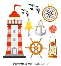 Set of marine elements: lighthouse, anchor, bell, steering wheel, seagulls, compass, oil lamp, shell.