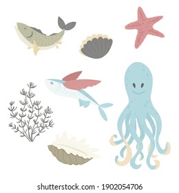 Set of marine elements - octopus, fish, shell, seaweed, starfish. Flat vector cartoon illustration 