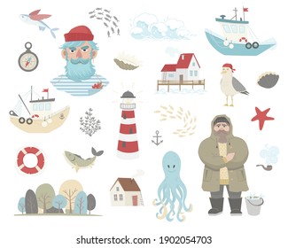 Set of marine elements - sailor, ship, lighthouse, octopus, fish, forest, seagull, house, wave, anchor, compach, lifebuoy, shell, seaweed, starfish. Marine and coastal life. Flat vector  illustration 