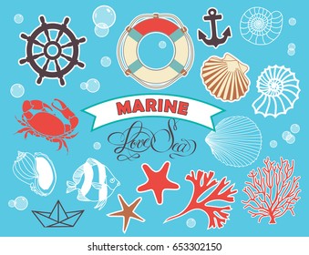 set of marine elements. scrapbook, greeting card, poster.