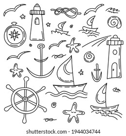 Set of Marine elements. Sea, lighthouse, sailboat, steering wheel, compass. Hand-drawn vector illustration. Black and white doodle style
