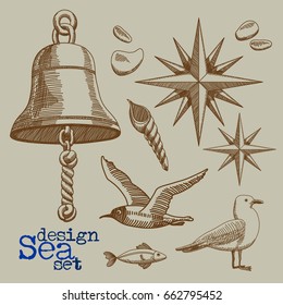 set of marine elements - the ship's bell, Rose of  wind, sea gulls, freehand drawing