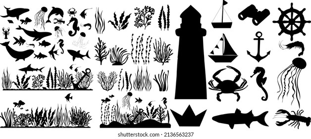 set of marine elements, signs, algae, fish silhouette isolated vector