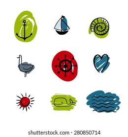 Set of marine elements: whale, anchor, boat, waves, steering wheel, sun, heart, seagull, shell. Vector illustration. 