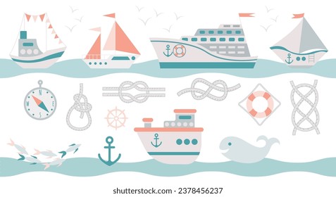 A set of marine elements for your design in flat style in pastel shades. Ships, knots, whale, fish. compass, steering wheel, anchor.Vector illustration.