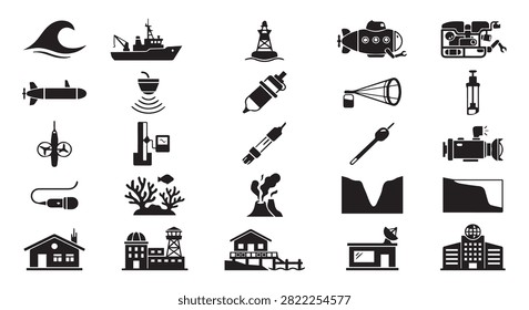 Set of marine exploration and oceanographic research icons with oceanography