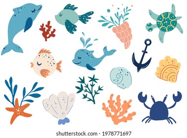 Set of marine fishes, animals and plants. Dolphins, fish, starfish, seashells, Seaweed. Marine theme. Ocean life. Underwater. Big nautical clipart with marine inhabitants. Vector flat illustration.