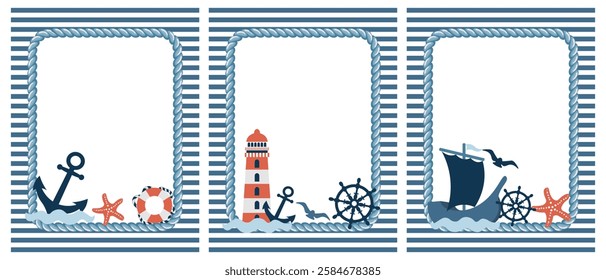 =Set of marine frames with anchor, lighthouse, steering wheel, starfish and seagulls on striped background. Illustration