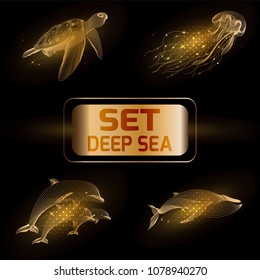 Set marine gold animals. Vector illustration. The whale,  dolphin, jellyfish, turtle consist of lines.Digital elements design  for business cards, invitations, gift cards, flyers and brochures, web.
