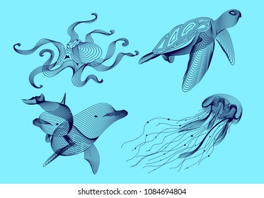 Set marine graphic animals. Vector illustration. The octopus,  dolphin, jellyfish, turtle consist of lines.Digital elements design  for business cards, invitations, gift cards, flyers, web.