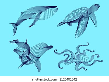 Set marine graphic animals. Vector illustration. The whale,  dolphin, octopus, turtle consist of lines.Digital elements design  for business cards, invitations, gift cards, flyers and brochures, web.
