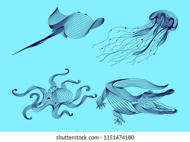 Set marine graphic animals. Vector illustration. The cramp,  crocodile, jellyfish, octopus consist of lines.Digital elements design  for business cards, invitations, gift cards, flyers and web.