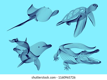 Set marine graphic animals. Vector illustration. The cramp,  dolphin, crocodile, turtle consist of lines.Digital elements design  for business cards, invitations, gift cards, flyers and web.