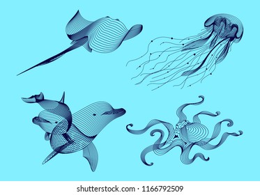 Set marine graphic animals. Vector illustration. The cramp,  dolphin, jellyfish, octopus consist of lines.Digital elements design  for business cards, invitations, gift cards, flyers , web.