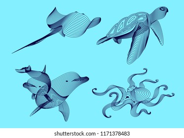 Set marine graphic animals. Vector illustration. The cramp,  dolphin, octopus, turtle consist of lines.Digital elements design  for business cards, invitations, gift cards, flyers and brochures, web.