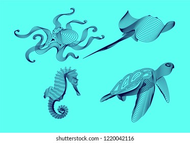 Set marine graphic animals. Vector illustration. The sea horse, octopus, turtle, cramp consist of lines.Digital elements design  for business cards, invitations, gift cards, flyers and brochures, web.