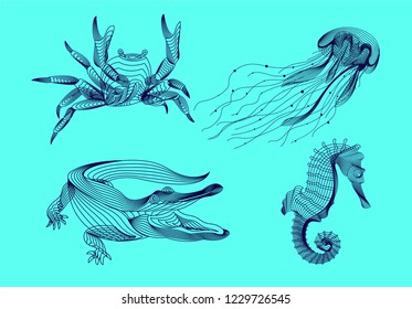 Set marine graphic animals. Vector illustration. The crab,  sea horse, jellyfish, crocodile consist of lines.Digital elements design  for business cards, invitations, gift cards, flyers,brochures, web