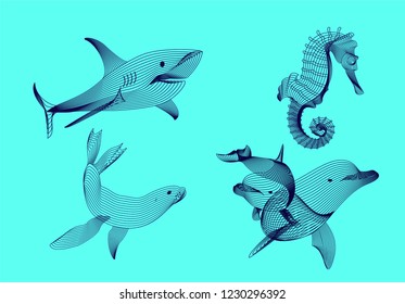 Set marine graphic animals. Vector illustration. The shark, sea horse,  dolphin, seal consist of lines.Digital elements design  for business cards, invitations, gift cards, flyers and brochures, web.