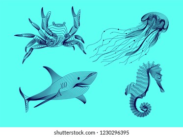 Set marine graphic animals. Vector illustration. The crab,  shark, sea horse, jellyfish  consist of lines.Digital elements design  for business cards, invitations, gift cards, flyers,brochures, web.