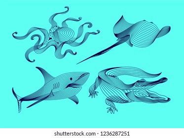 Set marine graphic animals. Vector illustration. The shark,  crocodile, octopus, cramp consist of lines.Digital elements design  for business cards, invitations, gift cards, flyers and brochures, web.