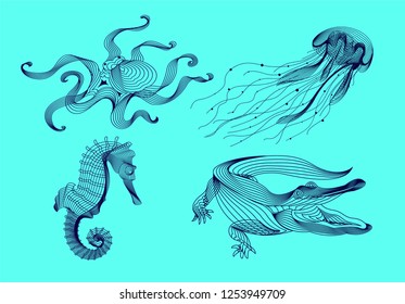 Set marine graphic animals. Vector illustration. The sea horse, octopus, jellyfish, crocodile consist of lines.Digital elements design  for business cards, invitations, gift cards, flyers, web.