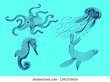 Set marine graphic animals. Vector illustration. The sea horse, jellyfish, seal, octopus  consist of lines.Digital elements design  for business cards, invitations, gift cards, flyers, web.