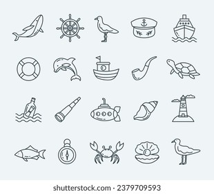 Set of marine icons. Editable stroke outline