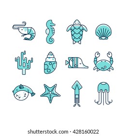 Set of marine icons in flat style isolated on white background. Linear style vector collection of sea creatures: turtle, seahorse, shell, shrimp, squid, coral, crab, starfish, jellyfish, fish.