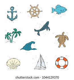 Set of marine icons. Grunge style icon with drops. Doodle vector.