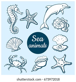Set of marine icons. Hand drawn sea animals isolated on blue background. Vector illustration