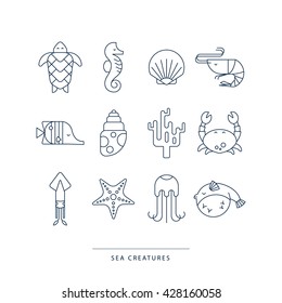 Set of marine icons isolated on a white background. Linear style vector collection of sea creatures: turtle, seahorse, shell, shrimp, squid, coral, crab, starfish, jellyfish, fish. 