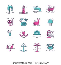 Set of marine icons in linear style.