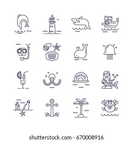 Set of marine icons in linear style.