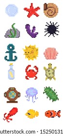 Set of marine icons, pixel art style, pearl, star, shell, stone with seaweed, hedgehog fish, coral, starfish, message in a bottle, crab, turtle, jellyfish, sea cucumber, clown fish, squid, crab