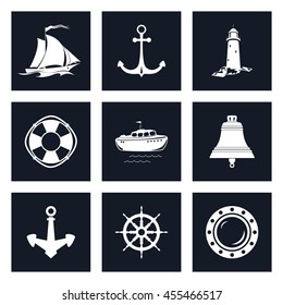 Set of Marine Icons , Sailing Vessel and Anchor, Ship Wheel and Lifebuoy , Lifeboat and Porthole, Ship Bell and Lighthouse, Nautical Symbol, Ship Equipment, Vector Illustration