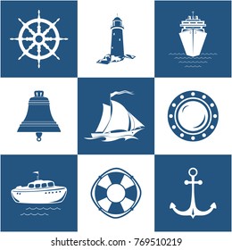 Set of Marine Icons , Sailing Vessel , Anchor, Ship Wheel with Lifebuoy , Lifeboat and Porthole, Ship's Bell Lighthouse with Cruise Liner , Nautical Symbol, Vector Illustration