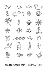 Set of marine icons. Sea travel, vacation, cruise, vacation, sea creatures. Vector illustration