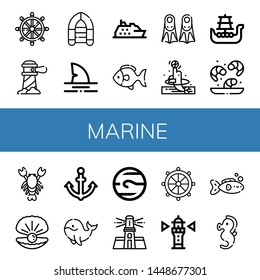 Set of marine icons such as Helm, Lighthouse, Inflatable boat, Shark, Cruise, Fish, Fins, Dolphin, Battleship, Shrimp, Lobster, Oyster, Anchor, Whale, Neptune, Seahorse , marine