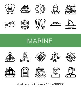 Set of marine icons such as Shell, Fish, Cruise, Diving helmet, Helm, Fins, Squid, Yacht, Boat, Shark, Sailboat, Galleon, Anchor, Inflatable boat, Lifeboat, Rescue boat , marine