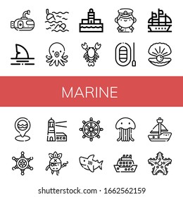 Set of marine icons. Such as Submarine, Shark, Sea, Octopus, Lighthouse, Lobster, Captain, Boat, Galleon, Oyster, Helm, Pirate, Jellyfish, Cruise, Sailboat, Starfish , marine icons