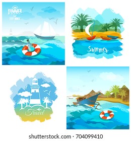 Set of marine illustration with sailboats on sea and beach. Tropical island.