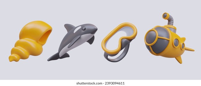 Set of marine illustrations. Yellow spiral shell, killer whale, transparent scuba mask, bathyscaphe with periscope. Observing ecosystem of sea, ocean. Vector