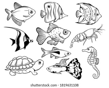 Set of marine inhabitants. Collection of various inhabitants of the underwater world. Vector illustration for children. Ocean animals. Tattoo. 