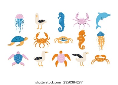 Set marine inhabitants. Crabs, seagulls, jellyfish, turtles. Hand drawn vector illustration in flat style.